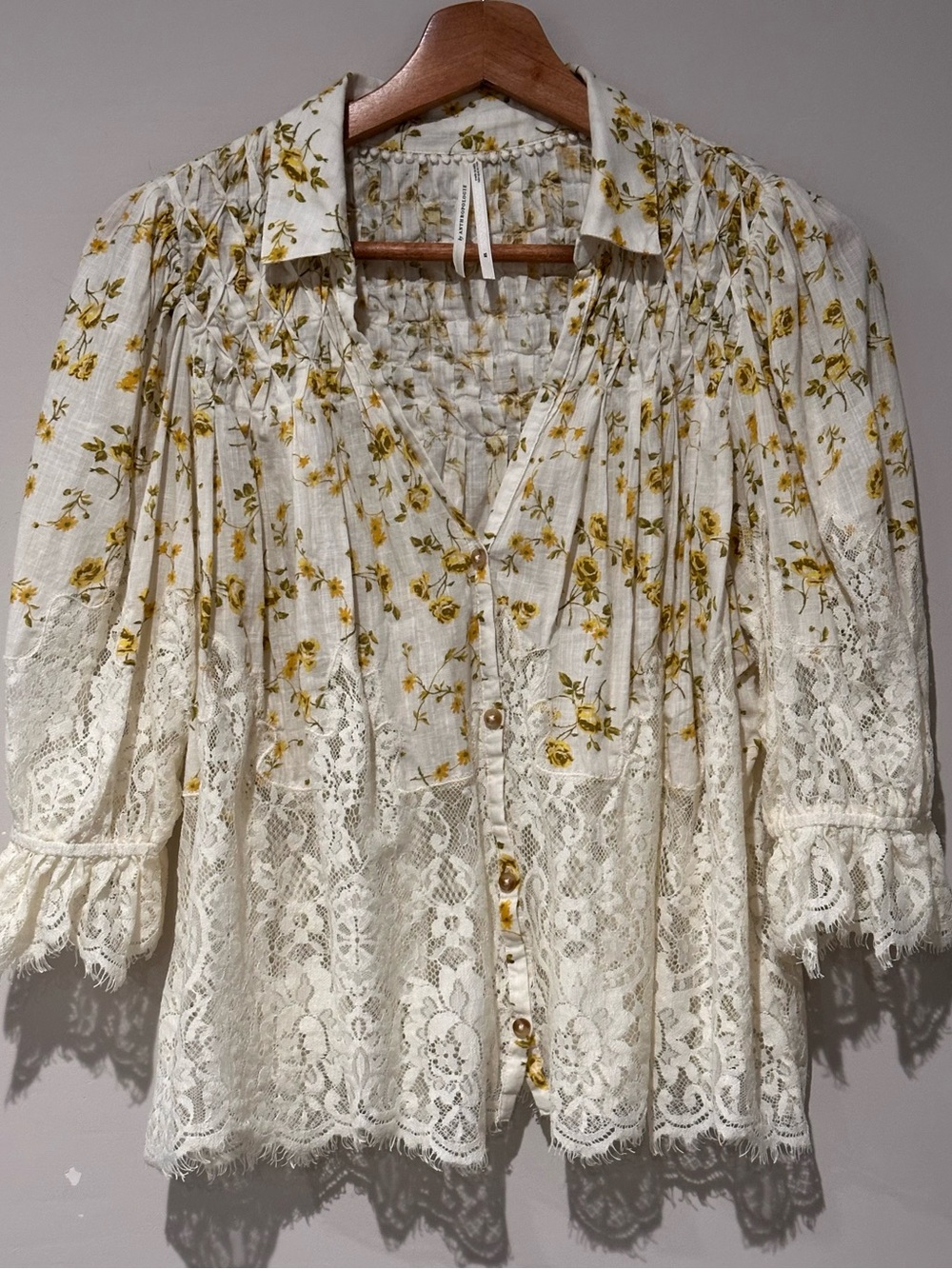 Anthropologie Cream Blouse with Yellow Floral Print and Lace Trim